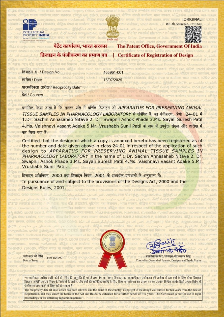  Patent Published by Principal Dr. Sachin A. Nitave, Lecturer, Ms. Sayali S. Patil